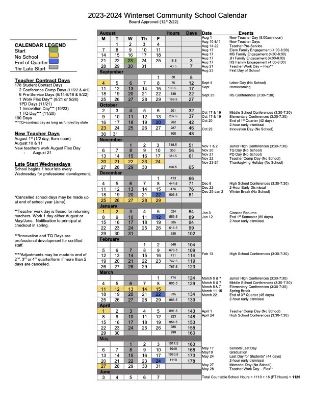 2324 School Calendar Winterset Middle School